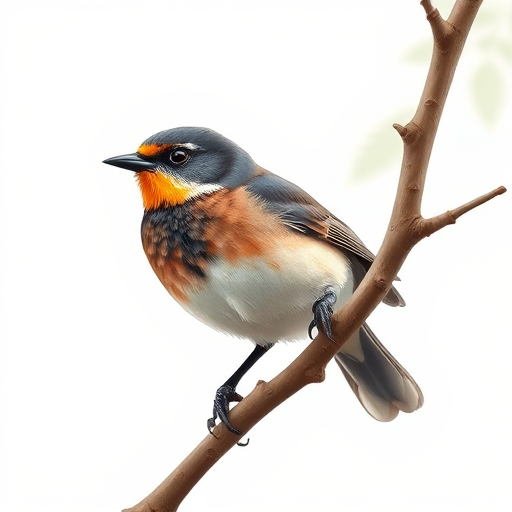 A detailed illustration of a bird perched on a branch, using a DSLR camera with a 50mm lens, f/1.8 aperture, ISO 100, shot from a slightly elevated angle, natural light, high resolution.
