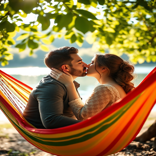 A romantic couple sharing a kiss in a colorful hammock by a peaceful lake, soft afternoon sunlight filtering through green leaves, 50mm lens, aperture f/2.8, ISO 100, shutter speed 1/200s, shot with a DSLR in portrait orientation for a shallow depth of field.