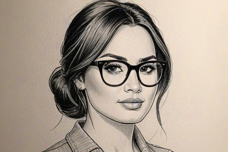 Resplendent Demi Lovato, pencil sketch, portrait of Appealing woman 1960s in glasses, hair style beatnik, outline, clear lines, fine lines, 8k