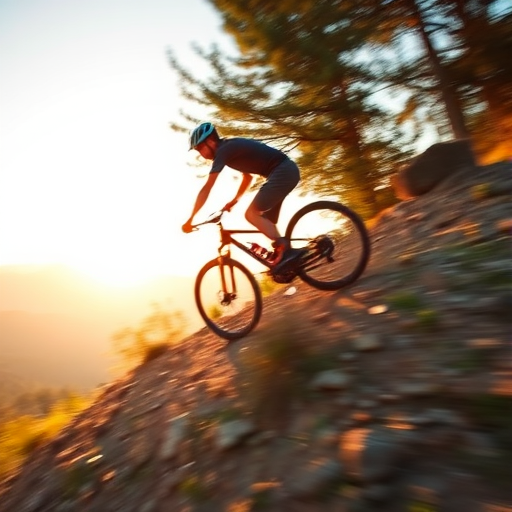 Blurry action shot of a mountain biker speeding down a rocky trail at dawn, soft golden light from the rising sun casting long shadows on the ground, with trees softly swaying in the wind.