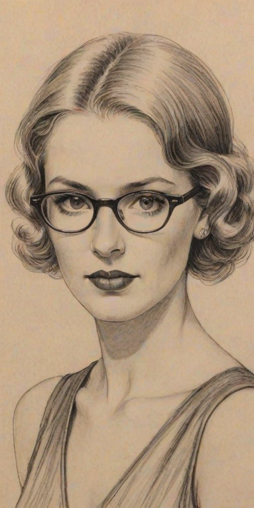 Stunning Shoshannah Stern, pencil sketch, portrait of Captivating woman 1933s in glasses, hair style beatnik, outline, clear lines, fine lines, 8k