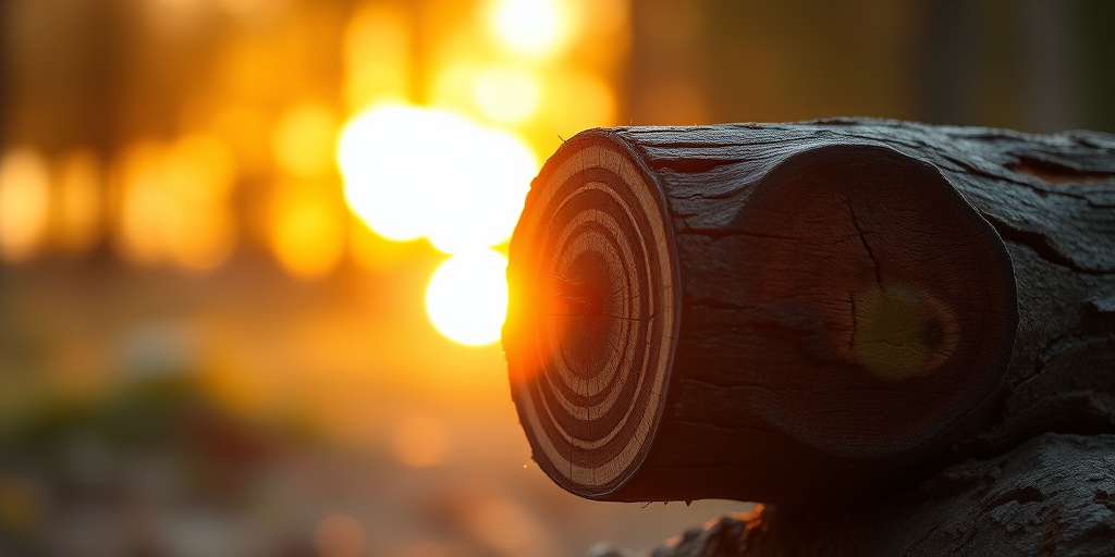 regenerate an image of a stylized log with a circular end and a rising sun in the background, using a Canon EOS 5D Mark IV, 50mm f/1.8 lens, aperture set to f/8, ISO 100, and a soft focus background to enhance the subject's clarity and warmth.