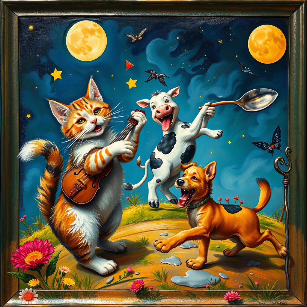 A whimsical hyper vibrant, hyper realistic and hyper detailed image of a cat and a fiddle, a cow jumping over a moon , a laughing dog, and a dish running away with a spoon, oil painting and airbrush