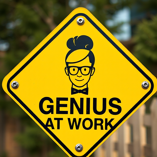 Create a high-resolution image of a yellow caution sign with the text "GENIUS AT WORK" and an icon of a bespectacled person wearing a bow tie, shot with a DSLR camera, 50mm lens, aperture f/8, ISO 100, natural light, centered composition.