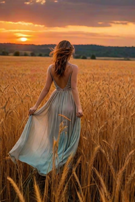Golden wheat field at sunset, the sky ablaze with vibrant colors, a woman in a flowing dress walks slowly through the field, her hands brushing the tops of the tall stalks as the wind whispers through the grass.