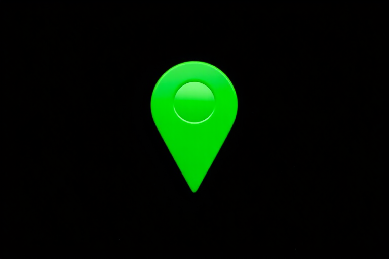 Create a high-resolution image of a green location pin icon on a black background, using a DSLR camera with a 50mm lens, aperture at f/1.8, ISO 100, and a focus on vibrant colors to enhance clarity and detail.