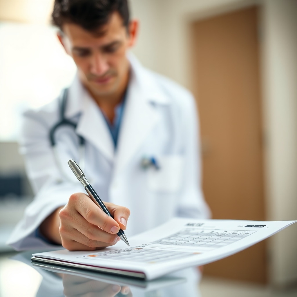 a close-up shot of a doctor in a white coat, writing on a patient chart, soft natural lighting, focal length 50mm, aperture f/2.8, ISO 200, shallow depth of field, 35mm DSLR camera with a prime lens