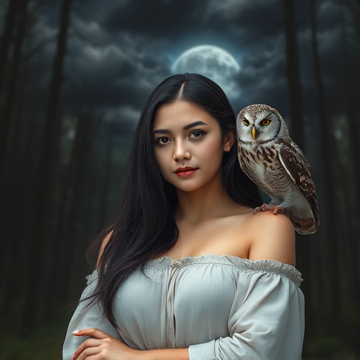 Generate a fantasy portrait of a young woman with long dark hair, wearing an off-shoulder top, standing in a mystical forest with a wise owl on her shoulder, under a full moon with dark, swirling clouds, use a DSLR camera with a 50mm lens, aperture f/1.8, ISO 200, and a shallow depth of field to enhance the softness of the background.