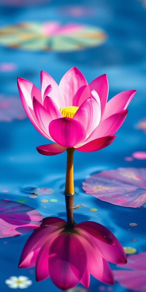 Create a vibrant watercolor illustration of a pink lotus flower on a serene blue water background, with splashes of bright colors, using a DSLR camera at f/8, 1/250s shutter speed, ISO 100, with a macro lens, in natural light, capturing a high-resolution close-up view.