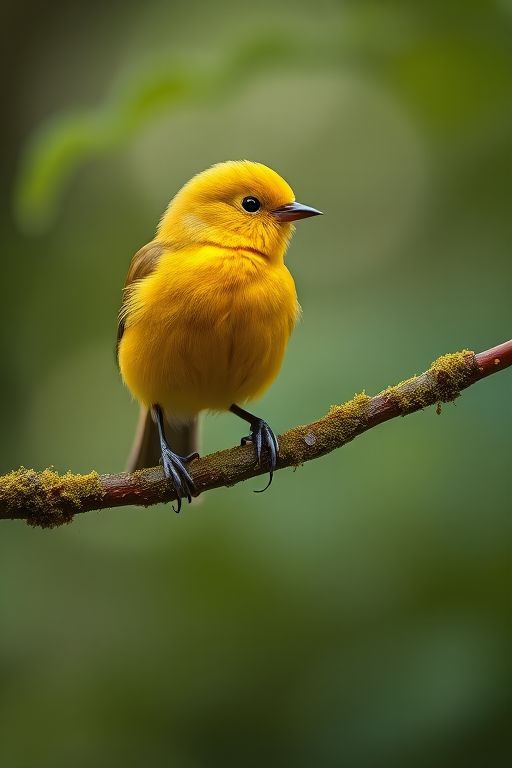 A vibrant yellow bird perched on a mossy branch, soft bokeh background, shot with a Canon EOS-1D X Mark III, 300mm f/2.8 lens, aperture f/4, ISO 200, shutter speed 1/500s, natural light, shallow depth of field.