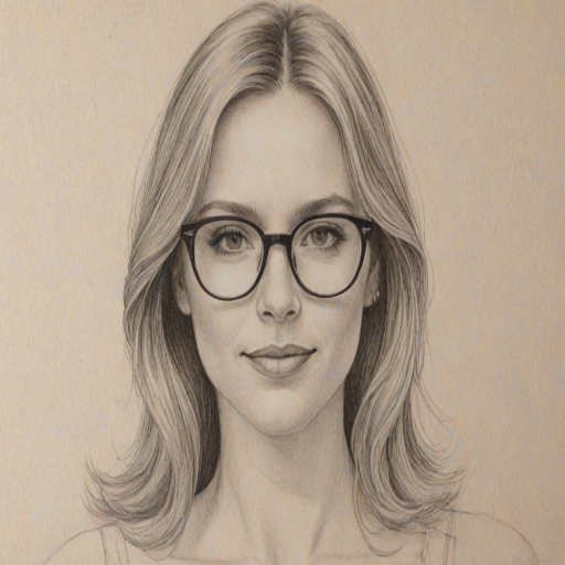 Beauteous Alicia Goranson, pencil sketch, portrait of Radiant woman 1978s in glasses, hair style beatnik, outline, clear lines, fine lines, 8k