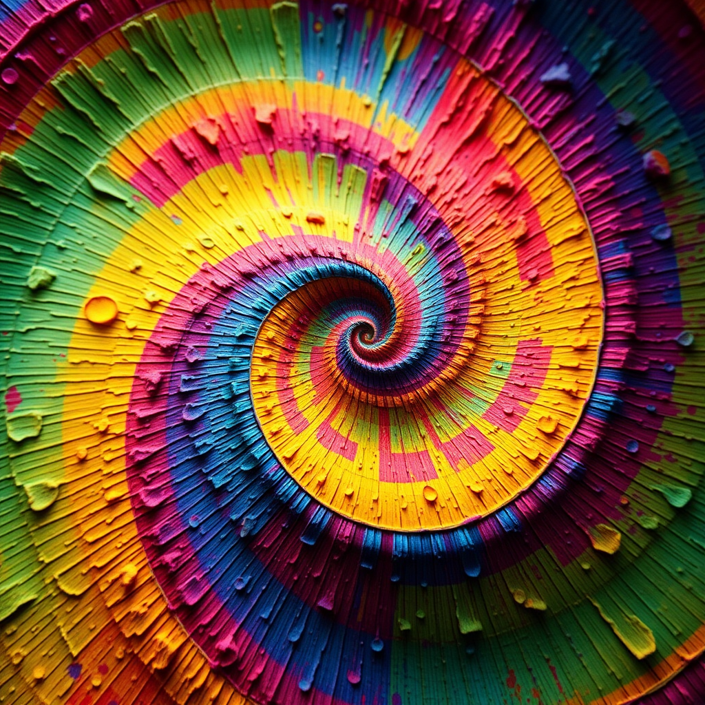 Create a vivid abstract pattern resembling a colorful spiral with vibrant textures using a DSLR camera, f/4 aperture, 50mm lens, ISO 200, and soft natural lighting for enhanced clarity and depth.