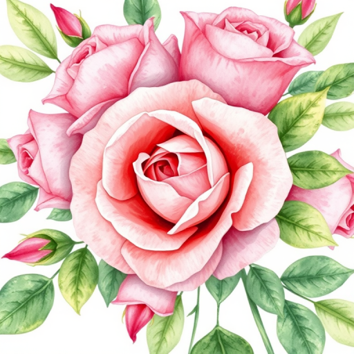 Create a detailed watercolor illustration of roses and leaves, focusing on various shades of pink and green, captured with a Canon EOS 5D Mark IV, 50mm lens, f/1.8 aperture, ISO 100, with soft natural lighting to enhance texture and color vibrancy.