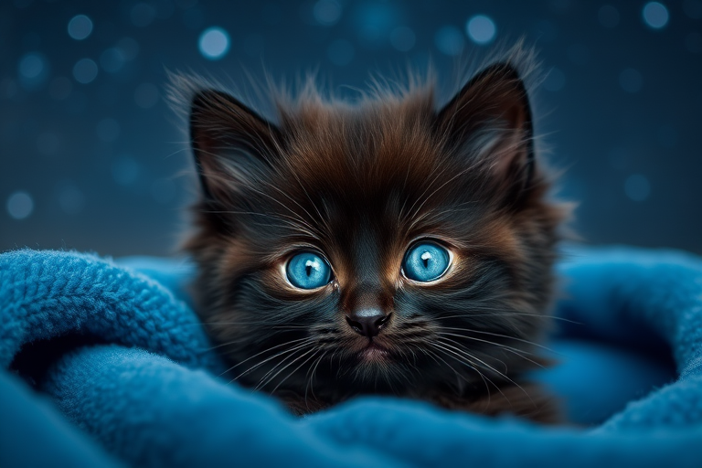 A close-up of a fluffy black kitten with striking blue eyes, nestled in a soft blue blanket, under a night sky full of stars, shot with a DSLR camera at f/2.8, ISO 200, 50mm lens for sharp focus and vibrant colors.