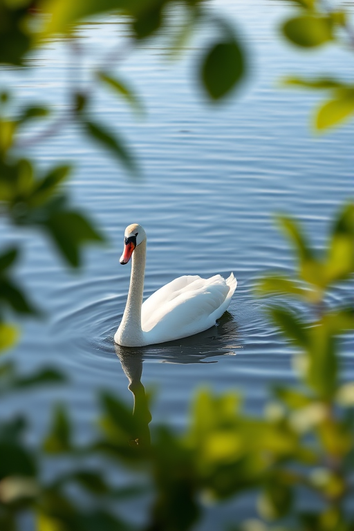 Capture a serene swan gliding on a calm lake, with lush green foliage framing the scene, shot in natural light using a Canon EOS 5D Mark IV, 70-200mm lens at f/4, ISO 100, shutter speed 1/500s, shallow depth of field for a blurred background.