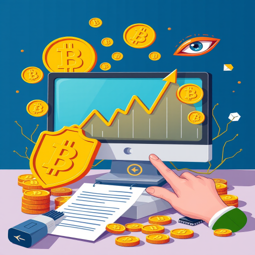 Create a vibrant digital illustration featuring a computer screen displaying a rising Bitcoin graph, surrounded by Bitcoin symbols, gold coins, a shield with a Bitcoin emblem, an eye, a hand pointing at coins, a document, and a microchip, using a DSLR camera with a 50mm lens, f/1.8 aperture, ISO 100, and natural lighting for enhanced clarity and contrast.