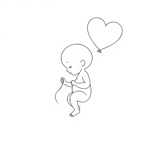 Create a minimalist line art illustration of a fetus holding a heart-shaped balloon, focus on smooth, flowing lines, camera settings 50mm lens, f/2.8 aperture, 1/125 shutter speed, natural lighting, top-down view, digital illustration style.