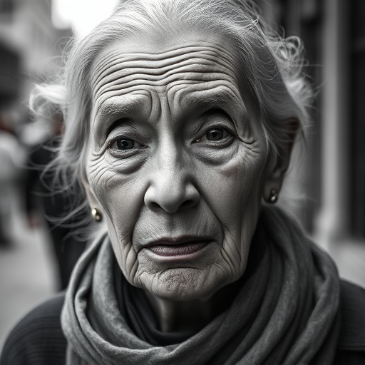 Create a high-resolution black and white portrait of an elderly woman with deep wrinkles and a worn expression, captured with a 50mm lens at f/1.8, ISO 100, shutter speed 1/200s, in a street setting with a shallow depth of field to blur the background and enhance detail in the subject, using a DSLR camera with natural lighting.