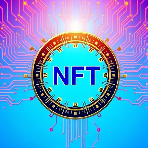 Create a vibrant digital illustration of a circular NFT token with the text "NFT" in the center, surrounded by intricate circuit patterns and rays of light, set against a bright blue background, captured with a digital camera at f/8 aperture, ISO 100, 50mm lens, in high-resolution with a macro style for enhanced detail.