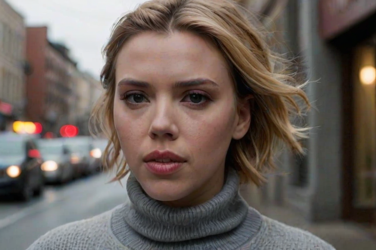 Scarlett Johansson is depicted in a close-up portrait outdoors on an overcast day, wearing a grey turtleneck sweater that contrasts beautifully with the soft, diffused light. The background shows a city street, blurred just enough to keep the focus on her while adding depth and context. Her expression is relaxed, with a thoughtful gaze as she looks slightly off-camera. The cool tones and subtle lighting create a moody yet elegant vibe