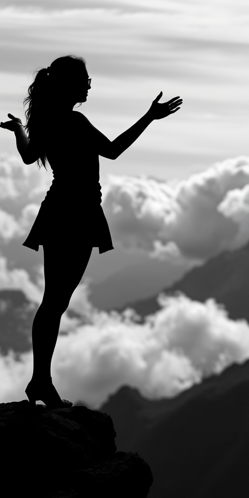 High-contrast black-and-white image of a silhouette of a woman standing at the edge of a cliff, arms outstretched, with distant storm clouds rolling in and jagged mountains barely visible in the background.