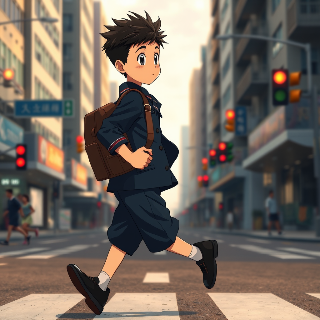 In the Japanese boondocks photorealistic anime, the camera focuses on strong muscular sideview of 9 year old boy his perfect face conveys powerful mighty passion, wearing black school dress-shoes, wearing dark blue matching school uniform. he runs lightly across wide busy city street. with stoplights in backdrop, The animation highlights the dynamic of the boy's clothes and hair blowing in the wind as he moves around, wearing leather backpack,