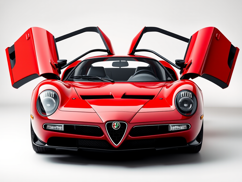 create an image of a red Alfa Romeo Tipo 33 Stradale Prototipo with its doors open, shot with a Canon EOS R5 at f/2.8, ISO 100, 1/200s, using a wide-angle lens, in a studio setting with soft lighting and a white backdrop to enhance details and colors.