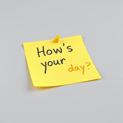 Yellow post-it note, hand written in Yellow pen text "How's your day??", 3d, hd, hyper realistic,