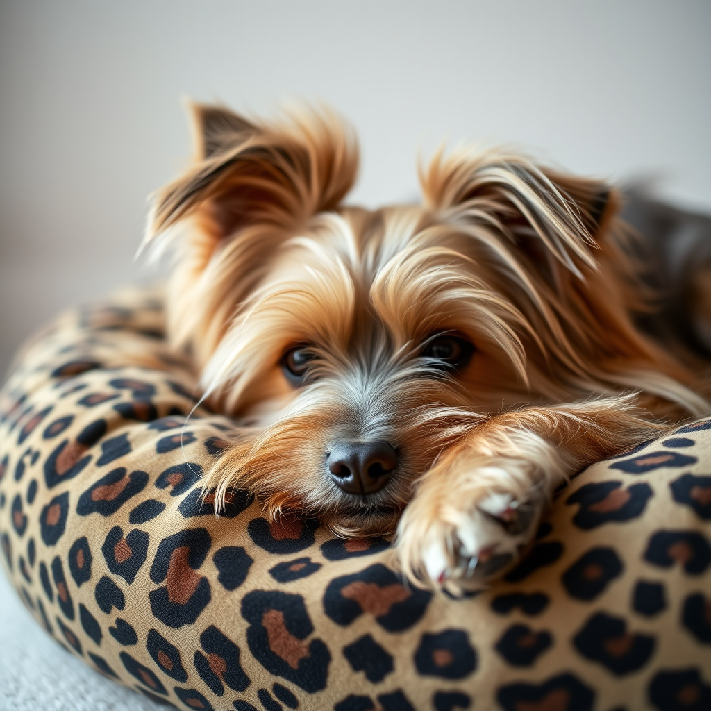 a close-up shot of a long-haired dog resting on a leopard print cushion, natural lighting, aperture f/2.8, shutter speed 1/125s, ISO 200, DSLR camera, shallow depth of field, soft focus background, 50mm lens