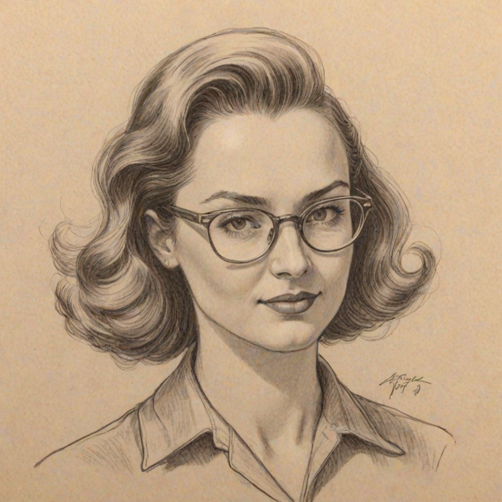 Pleasing Kathryn Gallagher, pencil sketch, portrait of Fascinating woman 1943s in glasses, hair style beatnik, outline, clear lines, fine lines, 8k