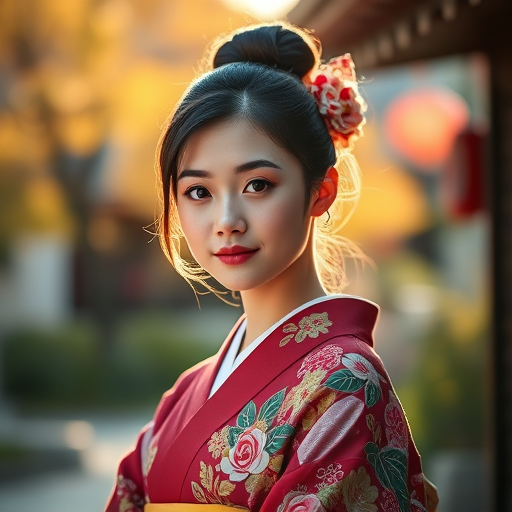 portrait of a young woman in traditional kimono outdoors with soft natural lighting, 85mm lens, f/1.8 aperture, shallow depth of field, DSLR camera, vibrant colors, high detail.