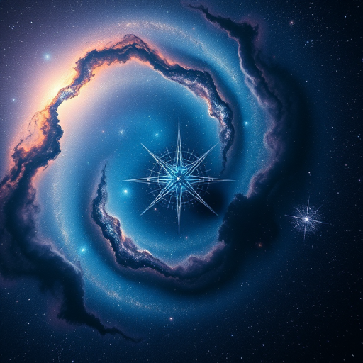 Generate a high-resolution cosmic scene featuring a large, multi-pointed star structure surrounded by a vibrant galaxy with swirling colors and stars, shot with a DSLR camera at f/2.8, ISO 100, 24mm lens, using a wide-angle view to capture the depth of space.
