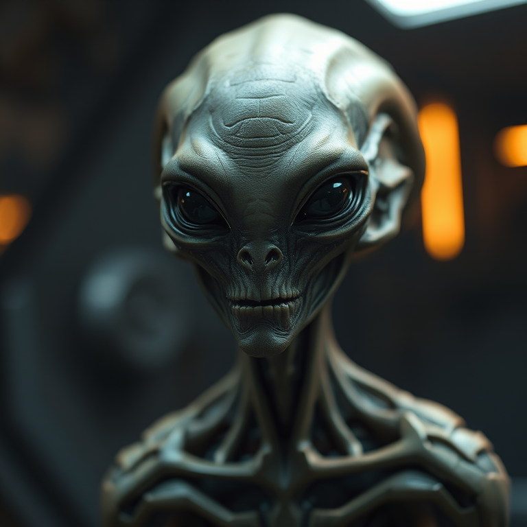 Alien humanoid with detailed texture and intricate features, captured in a dimly lit futuristic environment, using a DSLR camera with a 50mm lens, aperture f/1.8, ISO 100, and a shallow depth of field for enhanced focus on the subject.