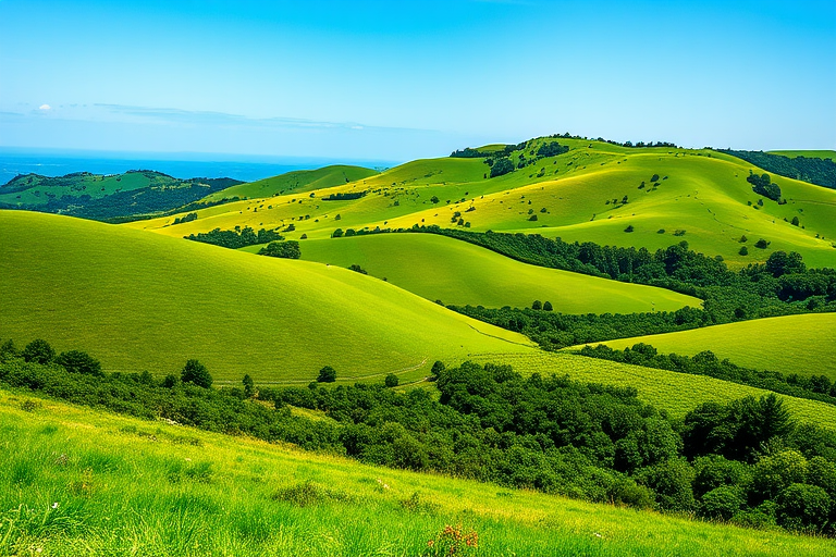 Create an image of a lush green landscape with rolling hills and a clear blue sky, using a DSLR camera, 50mm lens, f/8 aperture, ISO 100, 1/200 sec shutter speed, and a vibrant color profile for enhanced richness and clarity.