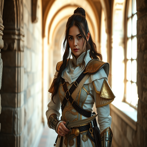 Generate an image of a warrior woman in an ornate stone corridor, wearing a detailed white and gold outfit with a sword, soft natural lighting from a window, shot with a Canon EOS R5, 50mm lens, f/1.8 aperture, ISO 100, using a shallow depth of field to enhance details.