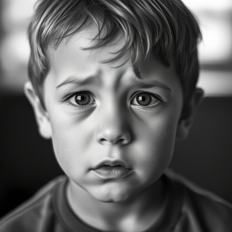 portrait of a young boy with a concerned expression, showing emotion, soft natural lighting, shallow depth of field, 50mm lens, f/1.8 aperture, ISO 200, taken with a DSLR camera, black and white style