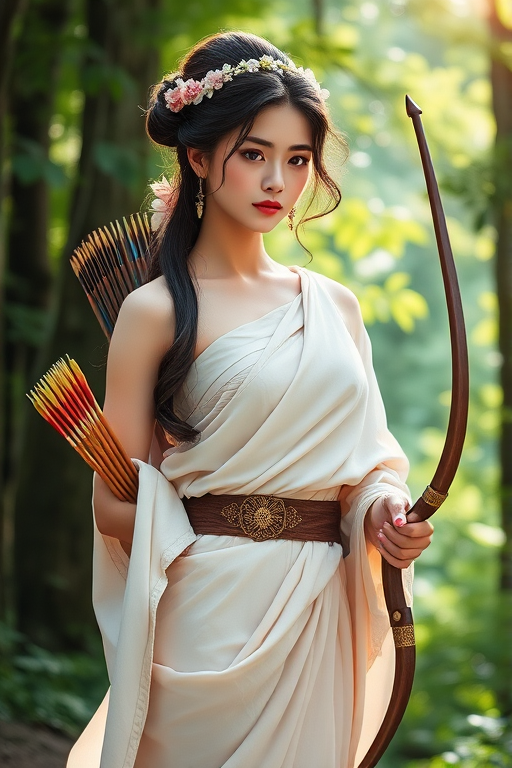 Create a portrait of a goddess-like Japanese girl figure in a tranquil, forested environment. She has an elegant appearance with long, wavy hair styled in an updo and adorned with a delicate, floral headband. She wears a flowing, ancient Greek-inspired gown in a soft, pale color, featuring a one-shoulder design and draped fabric that accentuates her graceful form. The outfit includes a decorative belt with ornate gold detailing, and she holds a bow in her hand, with a quiver of arrows slung over her shoulder. The background depicts lush greenery, with sunlight filtering through the trees, casting a gentle, ethereal light on the scene. Her expression is calm and contemplative, embodying a sense of wisdom and serenity.