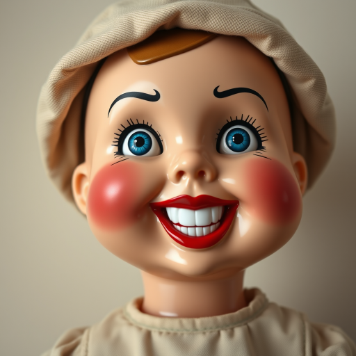 Generate a hyper-realistic image of a vintage doll with rosy cheeks, dimples, and a wide grin with red lips. The doll has bright blue, glossy eyes looking to the side, wearing a beige fabric hat. The face is shiny plastic, contrasting with the matte fabric of the clothing. The background is plain and neutral, emphasizing the doll’s unsettling expression.