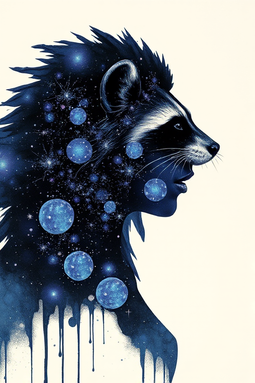 Captivating conceptual render alcohol ink art, double exposure, the paint strokes artfully merge combining a woman's full silhouette with a Curious raccoon's silhouette. The figures are composed of a series of colored dots, lines & spots that evoke the image of a cosmic galaxy, colors are deep shades of blue purple & black with flashes of white & silver representing distant stars. The woman's silhouette is formed within the lion's silhouette from constellations of scattered stars, surreal