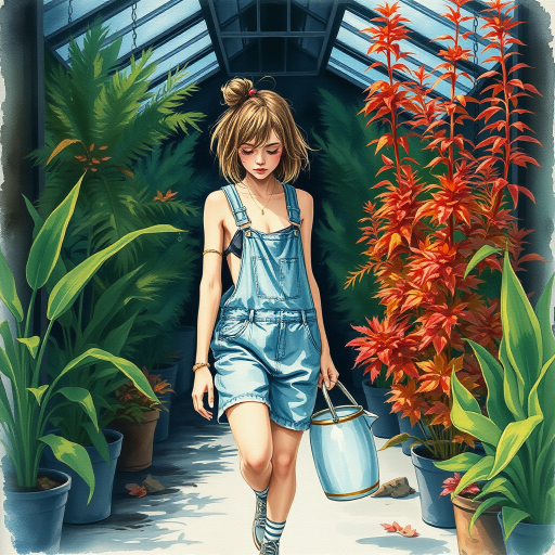 realistic water color painting. a young woman with gathered messy hair and dressed in a short denim overalls walks inside a dark greenhouse with tall and colorful plants and trees. He dries his sweat with his arm and holds a big watering hole in his hand