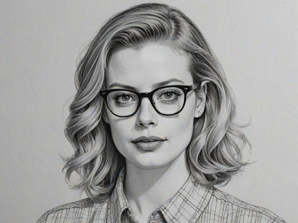 Gorgeous Gillian Jacobs, pencil sketch, portrait of Splendid woman 1945s in glasses, hair style beatnik, outline, clear lines, fine lines, 8k