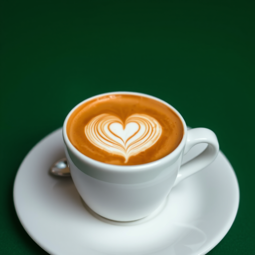Create a high-resolution image of a latte art heart in a white cup on a white saucer with a green background, using a Canon EOS R5 with a 50mm f/1.2 lens at f/2.8, ISO 100, and a soft focus style.