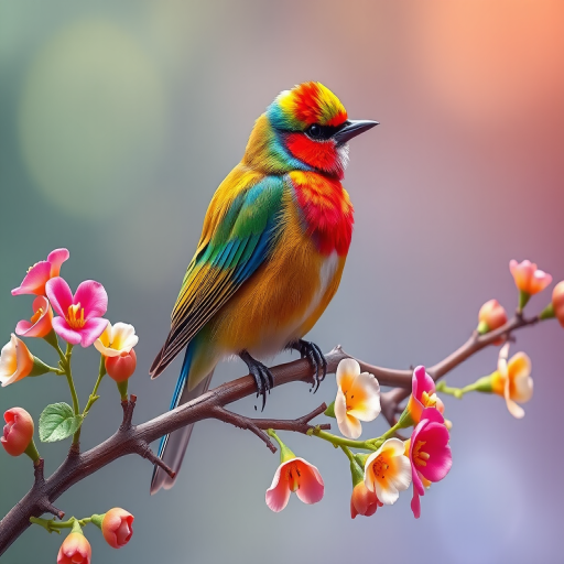 Generate a vibrant illustration of a colorful bird perched on a decorative branch with flowers, using a Canon EOS R5 camera, 50mm lens, f/2.8 aperture, 1/200s shutter speed, vibrant color settings, and a bright background for enhanced detail and quality.
