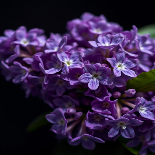 Captivating close-up of purple lilac flowers on a dark background, using a 50mm f/1.8 lens, aperture set to f/2.8, ISO 100, shot with a shallow depth of field, natural light, using a DSLR camera for enhanced detail and clarity.