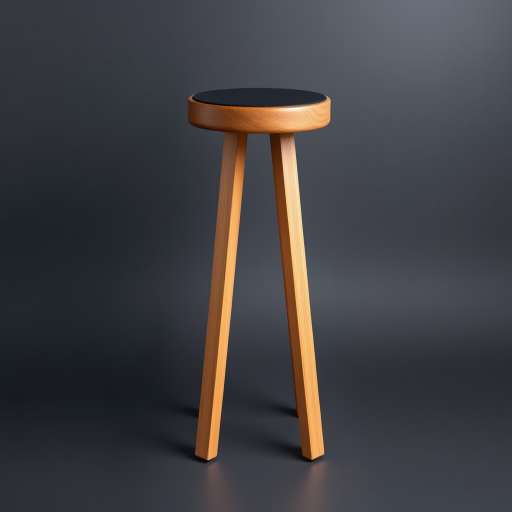 Create a high-resolution image of a wooden stool with a circular black seat, using a DSLR camera with a 50mm lens, aperture f/2.8, ISO 100, in a well-lit studio setting, frontal view, and smooth background for enhanced focus on the stool.