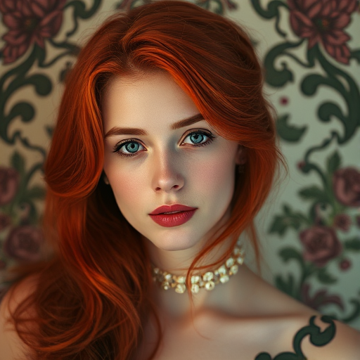 Create a portrait of a woman with vivid red hair surrounded by intricate floral ornaments and art nouveau motifs, with soft lighting and a dreamy atmosphere, captured using a 50mm lens at f/1.8, ISO 100, and a Canon DSLR, using a shallow depth of field to enhance details and focus on her expression.