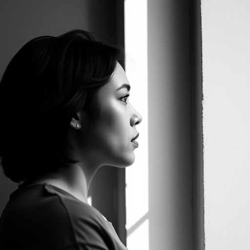 Generate a black and white portrait of a person in profile slightly leaning against a wall with soft lighting, aperture f/1.8, shutter speed 1/200s, ISO 100, using a full-frame DSLR camera, 85mm lens, natural light for a dramatic effect.