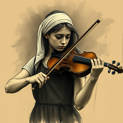 a young Ashkenazi woman with a white headband playing a violin, in the style of a charcoal drawing, sepia grunge background