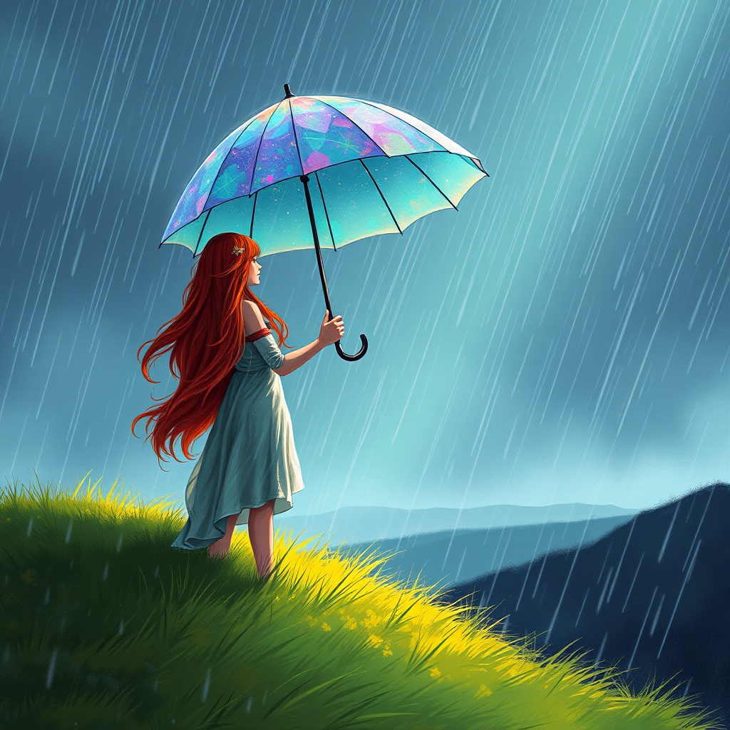 A surreal hand-drawn digital artwork depicting a mysterious red-haired woman standing on a grassy hill under the rain. She holds an umbrella crafted from iridescent zircon, its vibrant sheen contrasting with the soft, rainy atmosphere. The scene feels dreamlike, blending the natural elements of the hill and rain with the otherworldly shimmer of the umbrella.