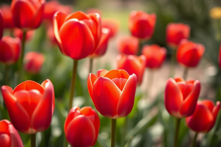 Close-up of vibrant red tulips in a garden, shallow depth of field, soft natural lighting, ISO 100, aperture f/2.8, shutter speed 1/500 sec, DSLR camera, macro lens, landscape orientation.